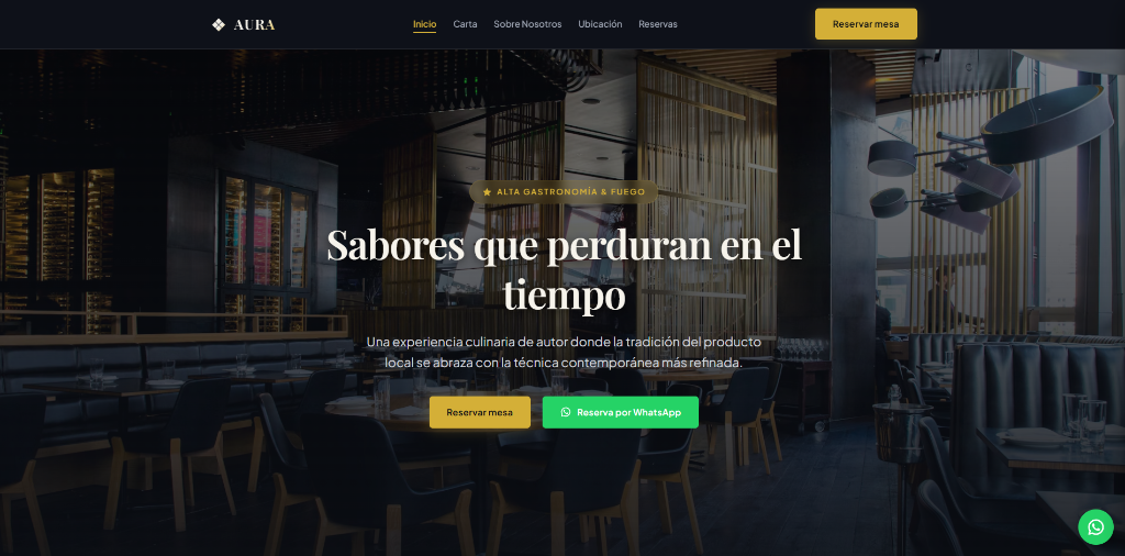 Captura de pantalla de la página web demo de Aura, restaurante
