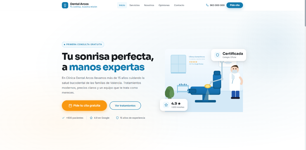 Captura de pantalla de la página web demo de Dental Arcos, clínica dental