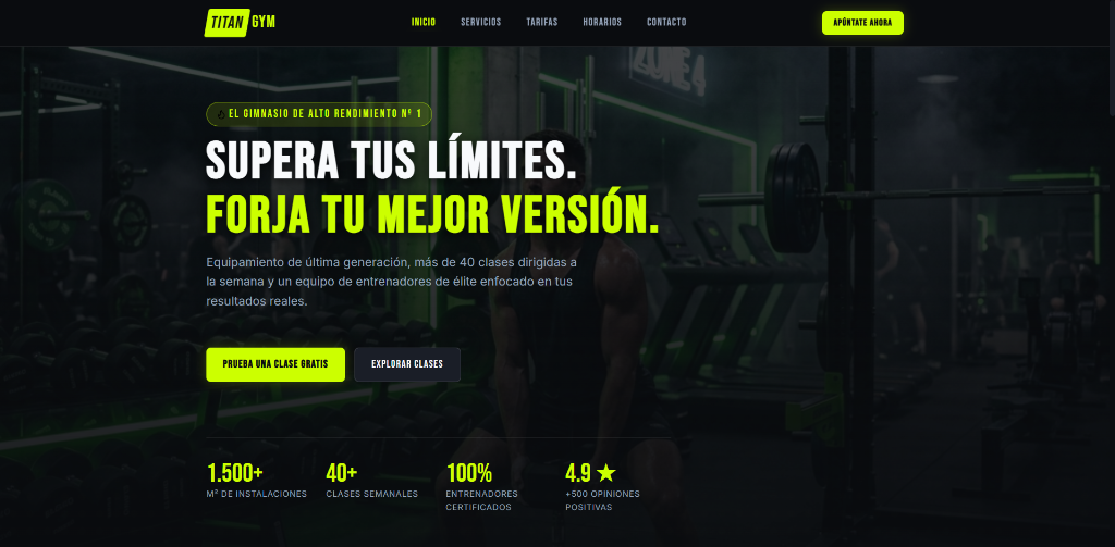 Captura de pantalla de la página web demo de Titan Fitness, gimnasio